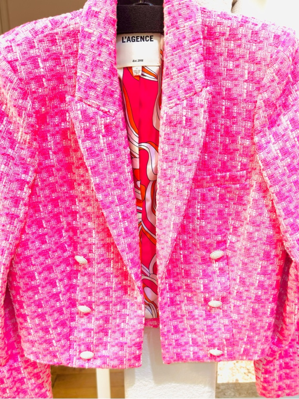 L'AGENCE Bright Pink Tweed Double-Breasted Blazer